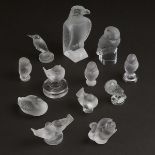 Group of Twelve Lalique Moulded and Frosted Glass Birds, post-1945, largest height 4.7 in — 12 cm (1