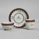 Worcester Blue and Gilt Fluted Tea Bowl, Coffee Cup and Saucer Trio, c.1780, saucer diameter 5.5 in