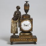 Austrian Greek Revival Carved, Ebonized and Parcel Silver Gilt Figural Mantle Clock, early 19th cen