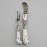 Pair of Bow Moulded and Painted Pistol Shaped Knife and Fork Handles, c.1755, knife overall length 1