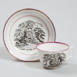 Sunderland Lustre Transferware Teacup and Saucer Commemorating the Death of Princess Charlotte of Wa