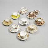 Eight English Porcelain Cups and Saucers and a Trio, early 19th century, largest saucer diameter 5.7