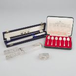 Victorian Silver Snuff Box, Six English Silver Coffee Spoons, a Bread Knife and Silver Plated Servin