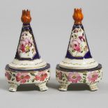 Pair of English Porcelain Octagonal Pastille Burners with Conical Covers, early 19th century, height