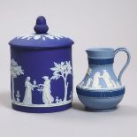 Wedgwood Blue Jasper-Dip Covered Jar and a Tri-Colour Blue Jasper Jug, late 19th/20th century, heigh