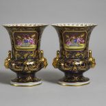 Pair of Samson 'Derby' Floral Paneled Blue and Gilt Ground Campana Shaped Vases, c.1900, height 9.1