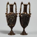 Pair of Small French Patinated Copper and Gilt Metal Mantle Vases, 19th century, height 7.8 in — 19.