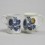 Two Worcester 'Natural Sprays' Pattern Mugs, c.1775, height 3.5 in — 9 cm; height 3.3 in — 8.5 cm (