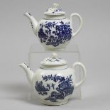 Two Worcester Blue Printed 'Fence' Pattern Teapots, c.1775, height 5.9 in — 15 cm; height 5.6 in —