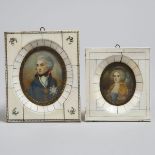 Two Portrait Miniatures, 19th/early 20th century, largest 5.5 x 4.6 in — 14 x 11.6 cm (2 Pieces)