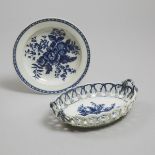 Worcester 'Pine Cone' Pattern Oval Basket and Plate, c.1780, basket length 8.3 in — 21 cm (2 Pieces)