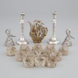 Pair of Silver Filigree Candlesticks, Twelve Napkin Rings, Pair of Figures and a Small Nef, 20th cen