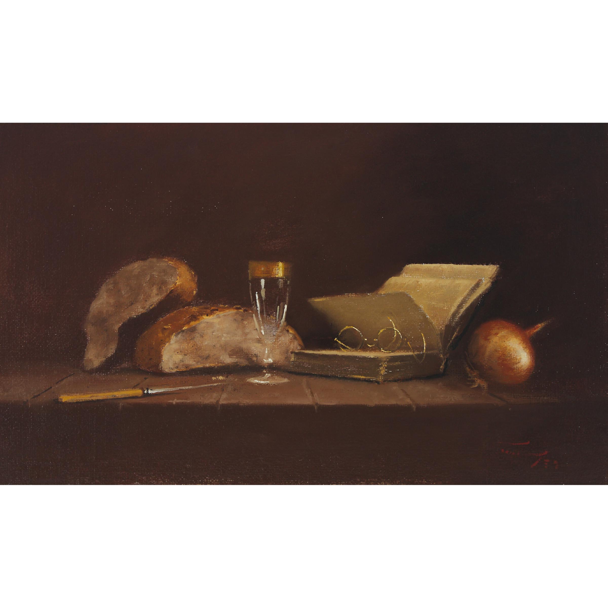 Duggie Du Toit (B.1943), STILL LIFE WITH BREAD, BOOK, WINE GLASS, SPECTACLES AND AN ONION, Oil on te