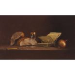 Duggie Du Toit (B.1943), STILL LIFE WITH BREAD, BOOK, WINE GLASS, SPECTACLES AND AN ONION, Oil on te