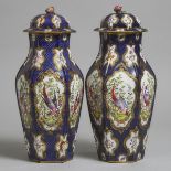 Pair of Samson 'Worcester' Scale Blue Ground Large Hexagonal Covered Vases, c.1900, height 16.3 in —