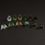 Twelve Lalique Moulded, Frosted, and Mostly Coloured Glass Frogs, post-1945, tallest height 2.1 in —