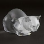 Lalique Moulded and Frosted Glass Crouching Cat, post-1945, length 9.3 in — 23.5 cm