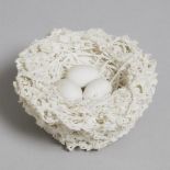 Bristol White Biscuit Porcelain Nest with Three Eggs, Edward Raby for Pountney & Co., c.1850, 1.7 x