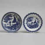 Caughley 'Fisherman and Cormorant' Pattern Plate and a Saucer Dish, c.1780, diameter 7.1 in — 18 cm;