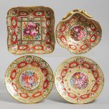 Coalport 'Church Gresley' Pattern Square Dish, Shell Dish and a Pair of Plates, c.1810, plates diame