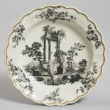 Worcester Black Printed Lobed Rim Plate, c.1780, diameter 8.3 in — 21 cm