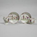 New Hall 'Parasol and Windmill' (Pattern 20) Cream Jug, Coffee Cup and Two Saucers, late 18th centur