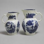 Two Caughley 'Fisherman' Moulded Cabbage Leaf and Mask Jugs, c.1780-90, height 10.4 in — 26.5 cm; h