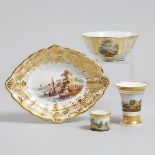 Derby Topographical Oval Dish, Waste Bowl, Pounce Pot and a French Porcelain Spill Vase, early 19th