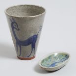 Deichmann Stoneware ‘Goofus’ Decorated Vase and a Small Oval Dish, Kjeld & Erica Deichmann, c.1950,