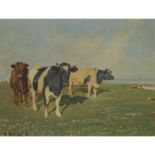 Gunnar Bundgaard (1920-2005), TWO COWS GRAZING; THE BEACH AT AGGERSUND (STRANDEN V. AGGERSUND) (WITH