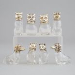 Eight German Silver Mounted Glass Novelty Salt and Pepper Casters, 20th century, largest height 2.8