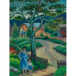 Abe Goldberg (Active 1941-1950), FARM WITH MOTHER AND CHILD, 1941, Oil on masonite; signed "A. Goldb