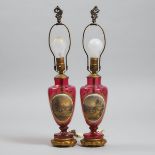 Pair of Bohemian Overlaid, Enameled and Gilt Red Glass Vases as Table Lamps, late 19th century, over