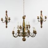 Italian Turned, Polychromed and Parcel Gilt Three Piece Lighting Suite, Venice or Florence, mid 20th