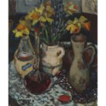 Dalma Kakusz (1914-1991), TABLE WITH VASE OF DAFFODILS AND WINE, Acrylic on masonite; signed "Kausz"