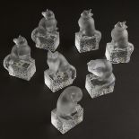 Seven Lalique Moulded and Frosted Glass Cat Paperweights, post-1945, largest height 5.7 in — 14.5 cm