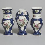 Garniture of Three Christian's Liverpool Blue Ground Vases, c.1770, largest height 7 in — 17.7 cm (3