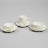 Two Bow Moulded and White Glazed Prunus Cups and a Tea Bowl and Three Saucers, c.1752-55, saucers ap