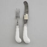 Pair of Bow Moulded and White Glazed Pistol Shaped Knife and Fork Handles, c.1755, knife overall len