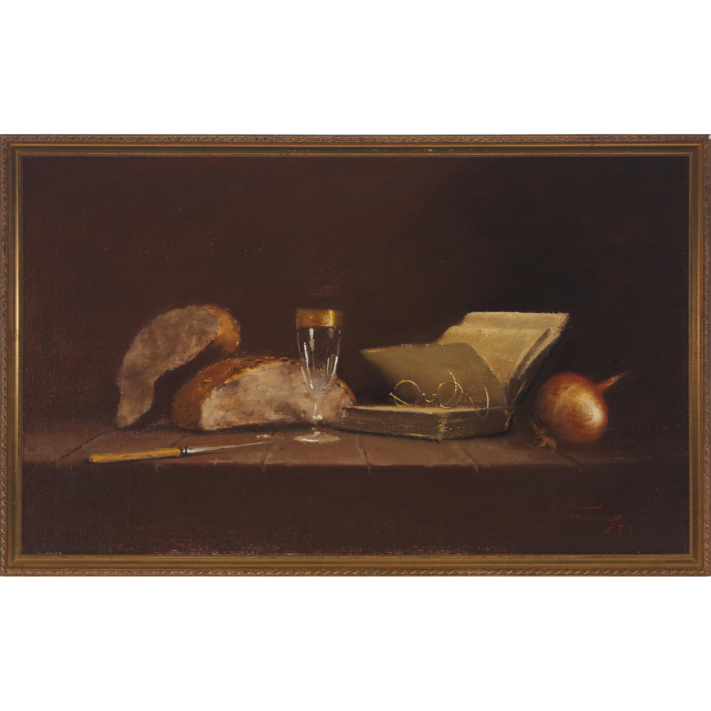 Duggie Du Toit (B.1943), STILL LIFE WITH BREAD, BOOK, WINE GLASS, SPECTACLES AND AN ONION, Oil on te - Image 2 of 4