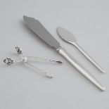 Danish Silver ‘Acorn’ Pattern Sugar Tongs, Georg Jensen, and Two Knives, Anton Michelsen, Copenhagen