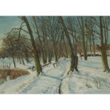 Aage Bernard Frederiksen (1883-1963), SNOWY TRAIL THROUGH WOODS, Oil on canvas; signed with initials