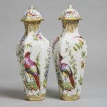 Pair of Samson 'Chelsea' Exotic Bird Hexagonal Covered Vases, c.1900, height 13.4 in — 34 cm (2 Piec