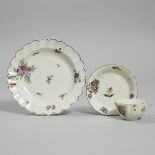 Worcester Flower Painted Lobed Plate and a Fluted Tea Bowl and Saucer, c.1770-75, plate diameter 8.1