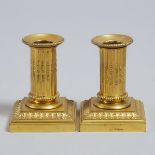 Pair of French Neoclassical Gilt Bronze Column Form Candlesticks, Léon Lapar, Paris, height 4 in — 1