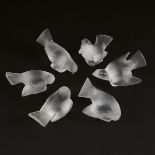 'Moineaux', Six Lalique Moulded and Frosted Glass Sparrows, post-1945, largest height 3.9 in — 10 cm