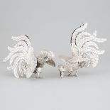 Pair of Peruvian Silver Fighting Cocks, Del Pilar, 20th century, height 9 in — 22.8 cm (2 Pieces)