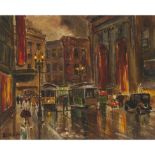 ***Lorain (20th Century), PEDESTRIANS AND STREET CARS, EVENING ON A DOWNTOWN STREET, SAN FRANCISCO,