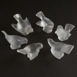 'Moineaux', Six Lalique Moulded and Frosted Glass Sparrows, post-1945, largest height 3.9 in — 10 cm
