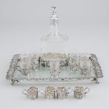 German Silver Mounted Etched Glass Liqueur Set, J.D. Schleissner & Söhne, Hanau, early 20th century,